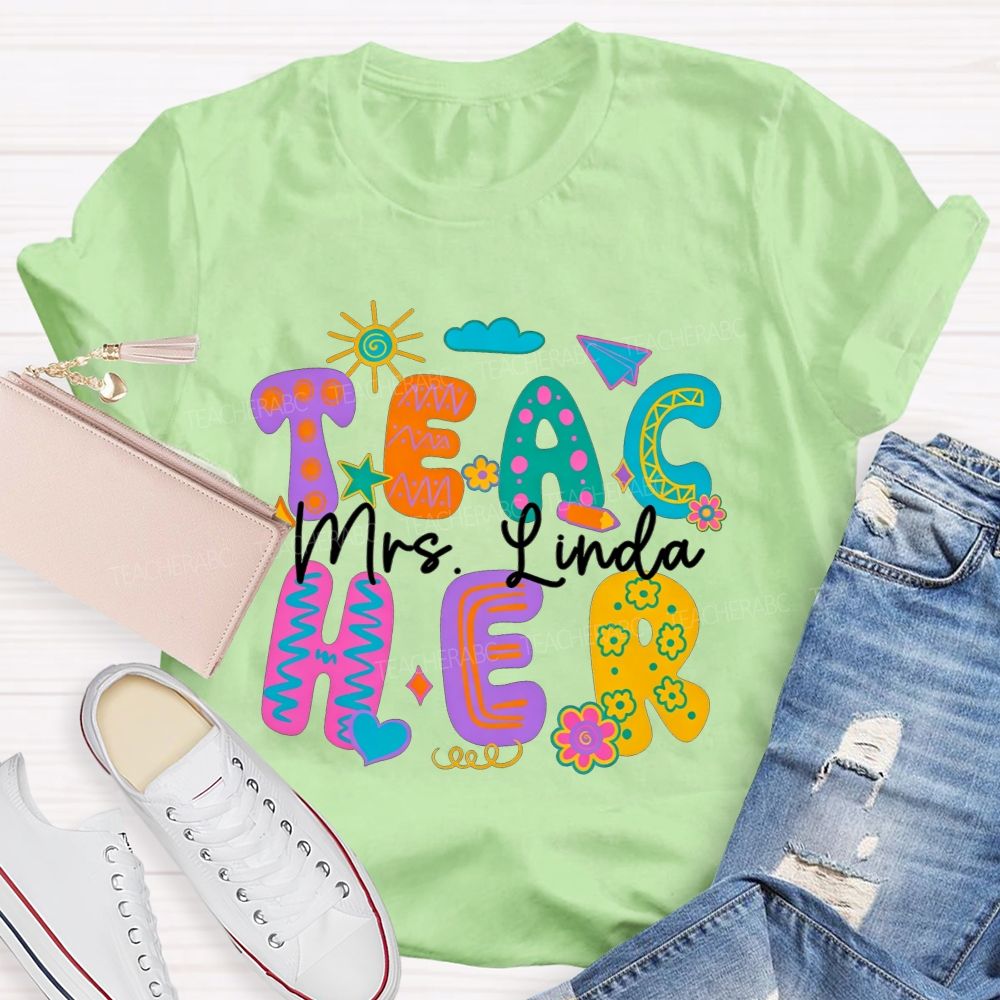 Personalized Name Teacher Doodle Colorful Bubble Letter Teacher T-shirt
