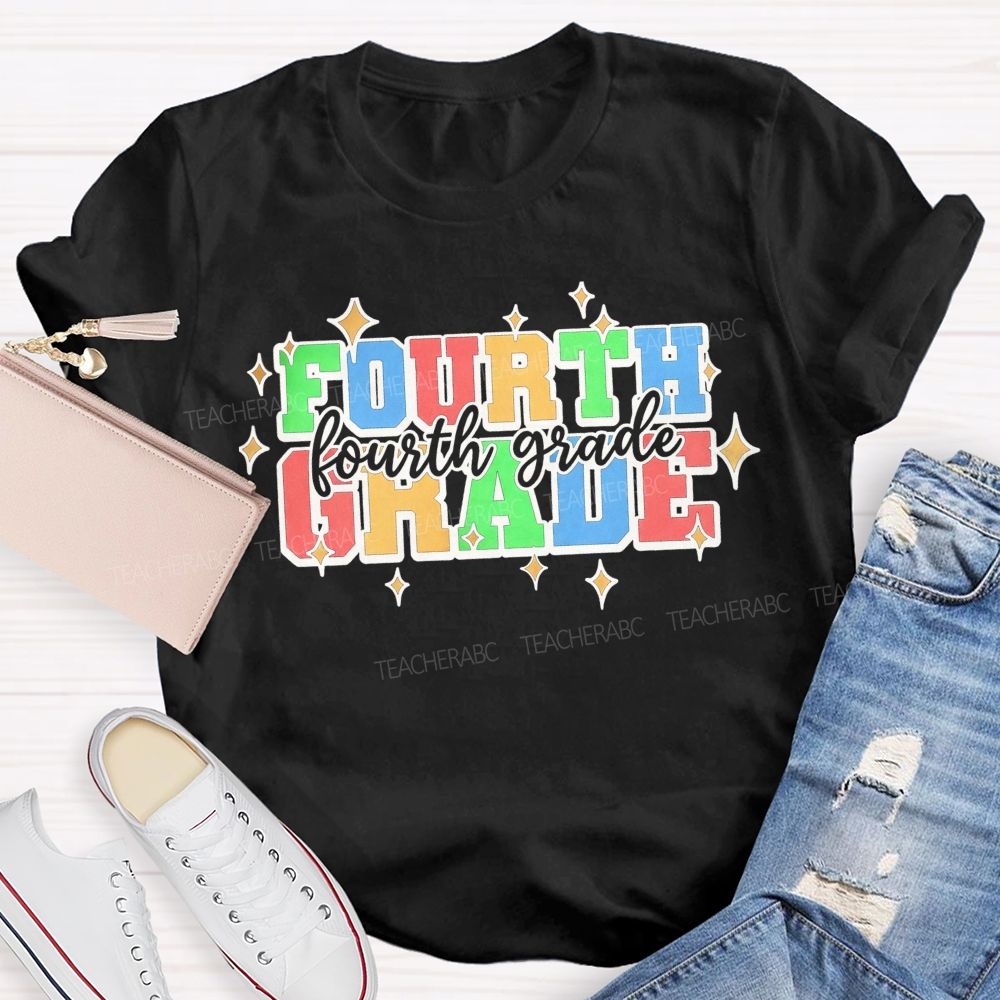 Personalized Grade Fourth Grade Colorful Varsity Letter Star Teacher T-shirt