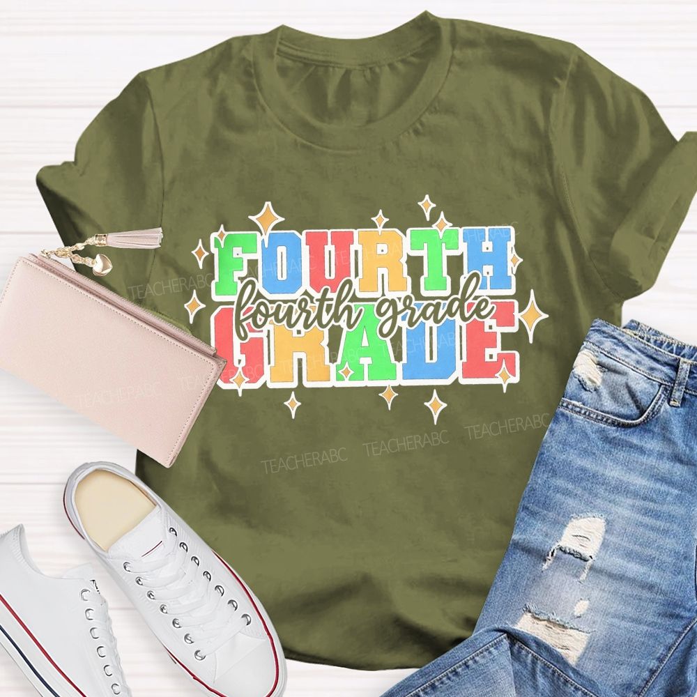 Personalized Grade Fourth Grade Colorful Varsity Letter Star Teacher T-shirt