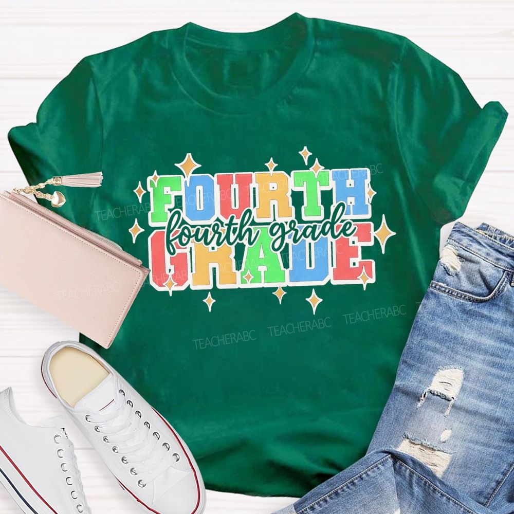 Personalized Grade Fourth Grade Colorful Varsity Letter Star Teacher T-shirt