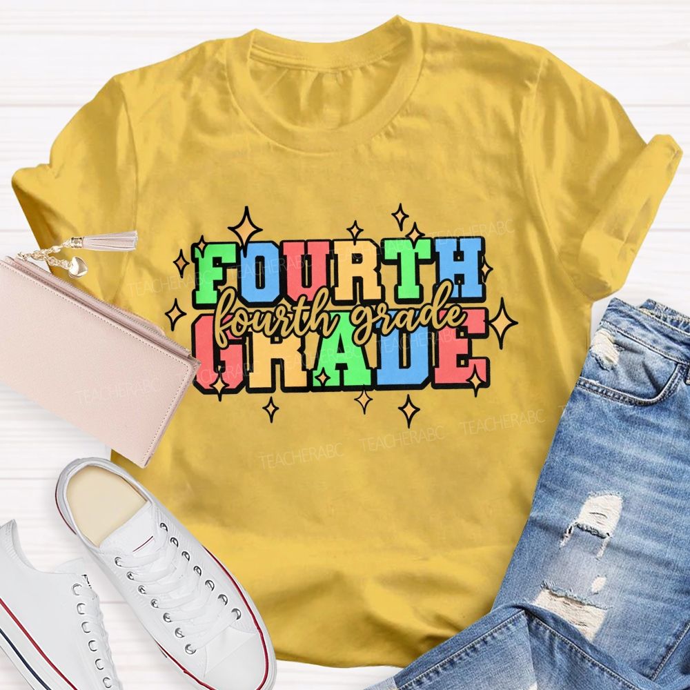 Personalized Grade Fourth Grade Colorful Varsity Letter Star Teacher T-shirt