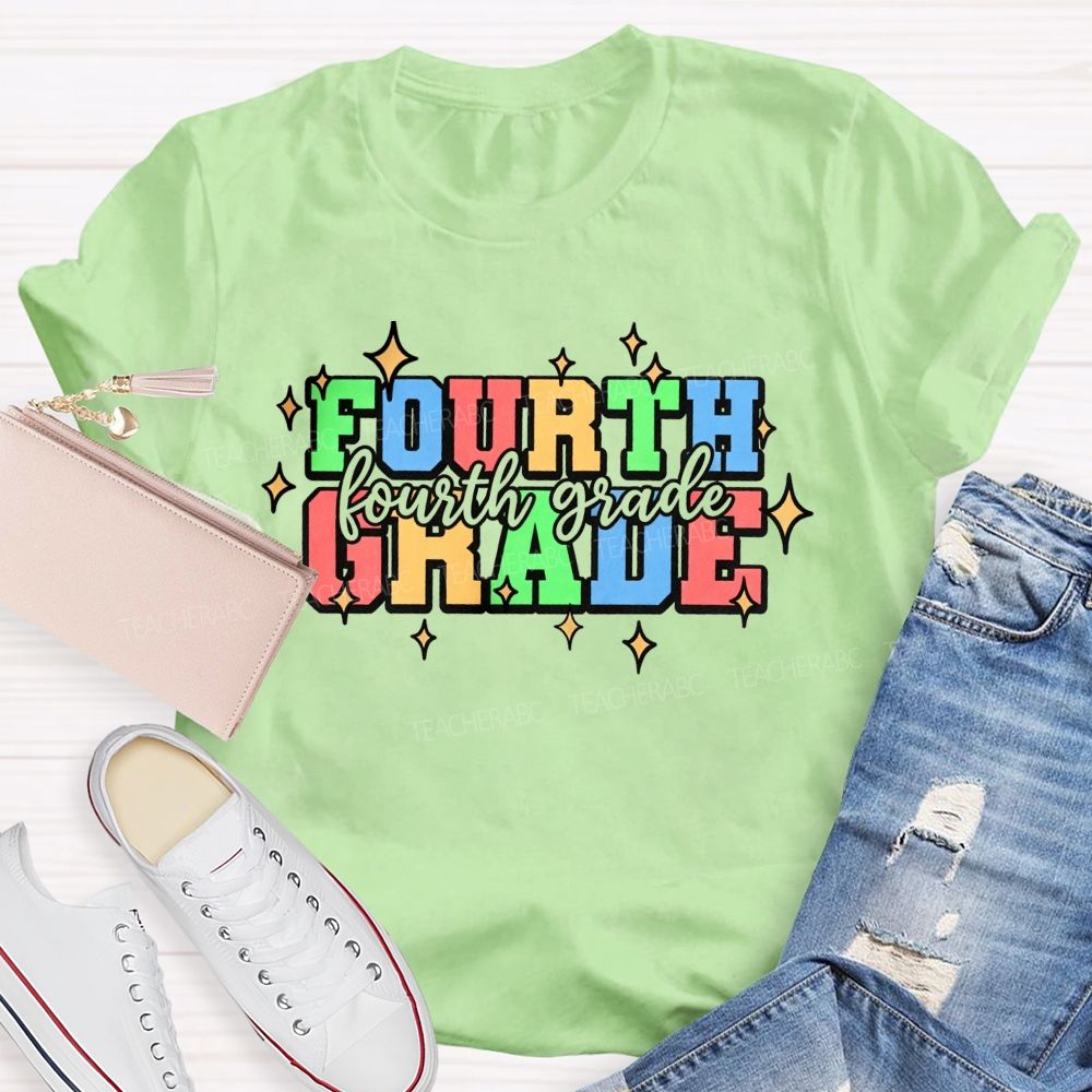 Personalized Grade Fourth Grade Colorful Varsity Letter Star Teacher T-shirt