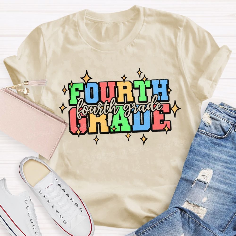 Personalized Grade Fourth Grade Colorful Varsity Letter Star Teacher T-shirt