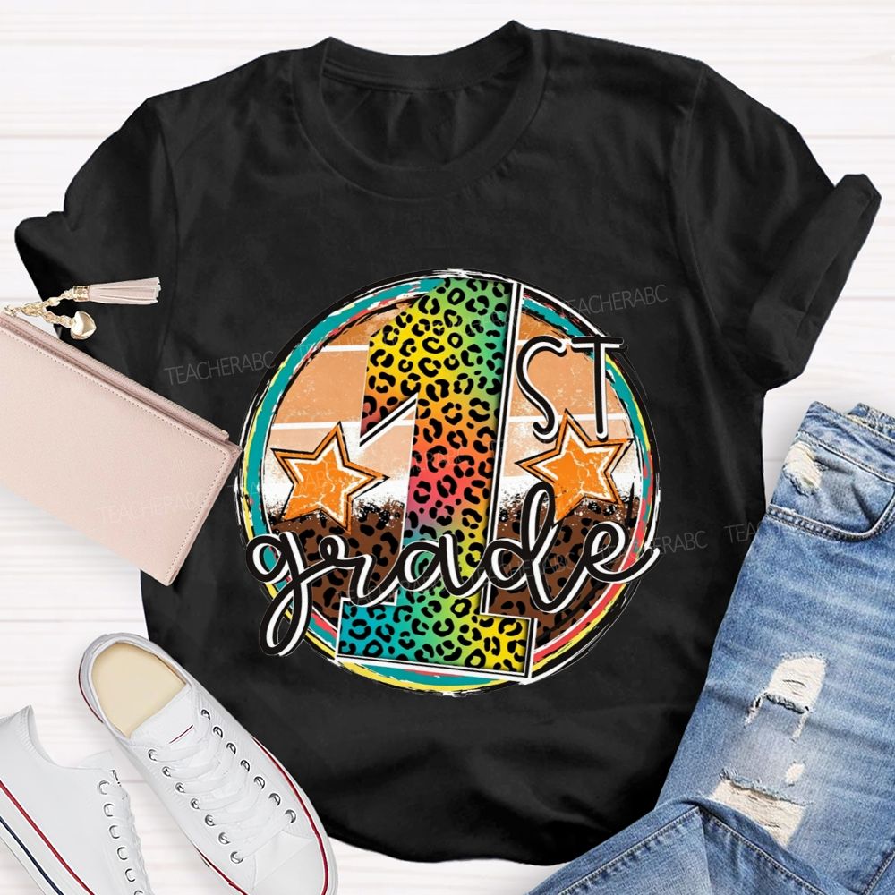 Personalized Grade 1st Grade Rainbow Leopard Circle Star Teacher T-shirt