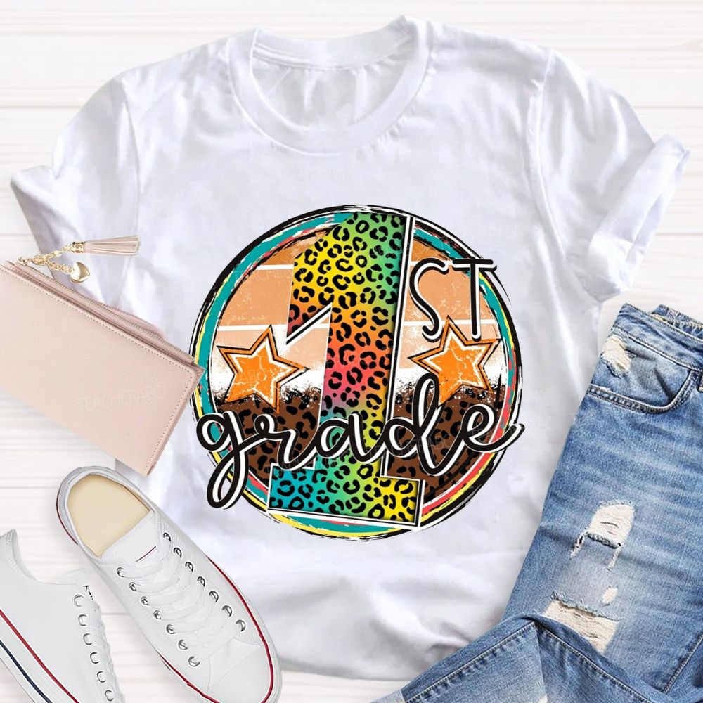 Personalized Grade 1st Grade Rainbow Leopard Circle Star Teacher T-shirt