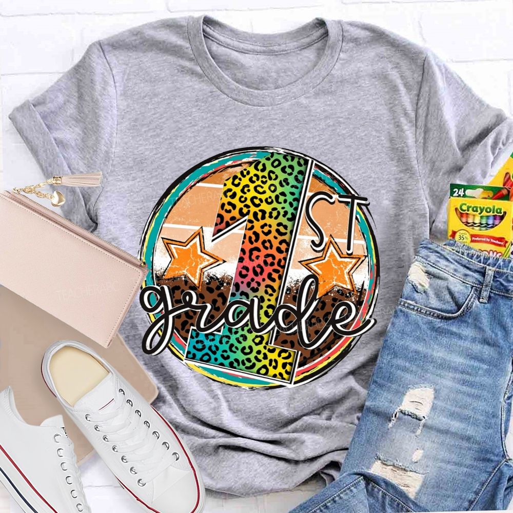 Personalized Grade 1st Grade Rainbow Leopard Circle Star Teacher T-shirt