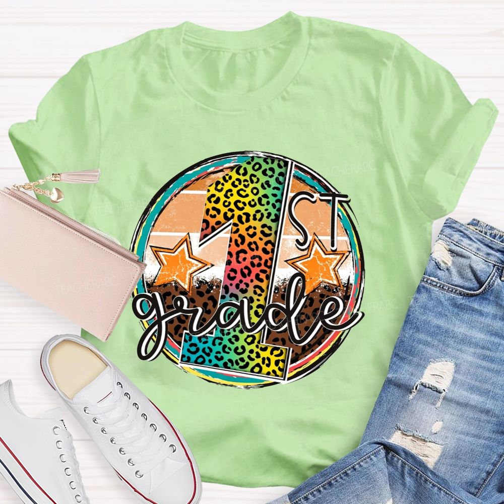 Personalized Grade 1st Grade Rainbow Leopard Circle Star Teacher T-shirt