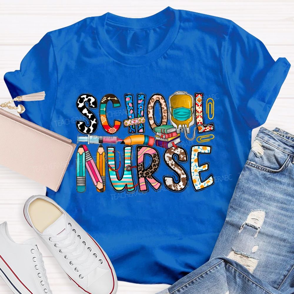 School Nurse Blue Leopard Pencil Flower Teacher T-Shirt