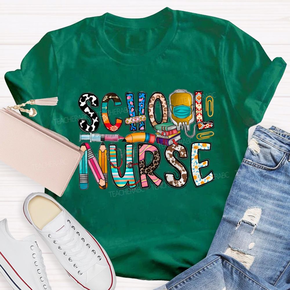 School Nurse Blue Leopard Pencil Flower Teacher T-Shirt