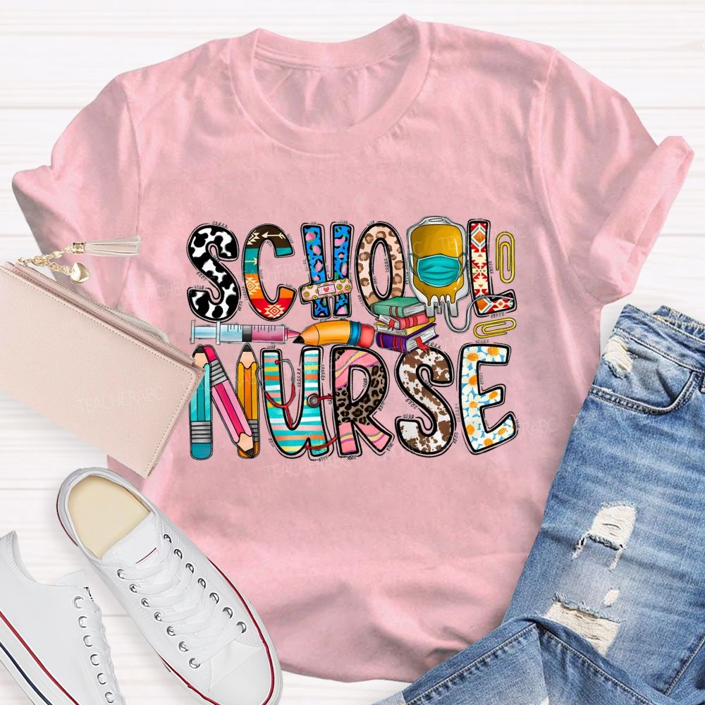 School Nurse Blue Leopard Pencil Flower Teacher T-Shirt