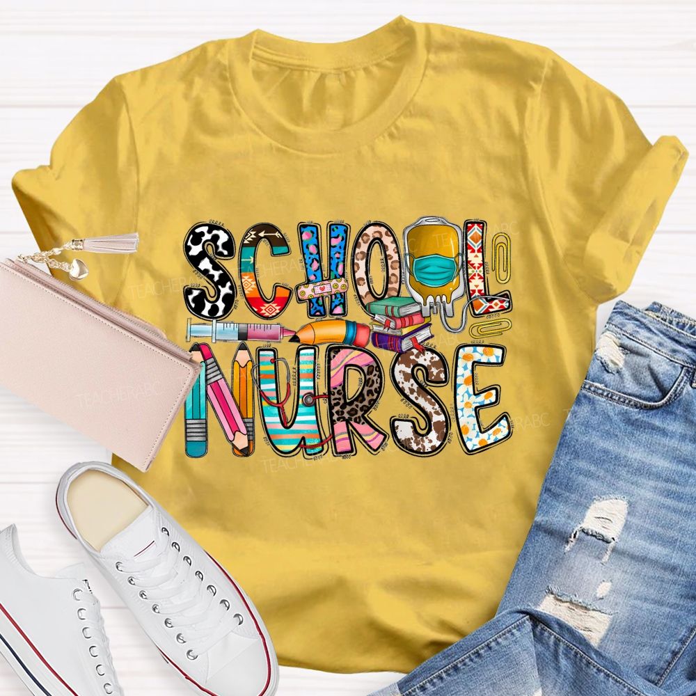 School Nurse Blue Leopard Pencil Flower Teacher T-Shirt
