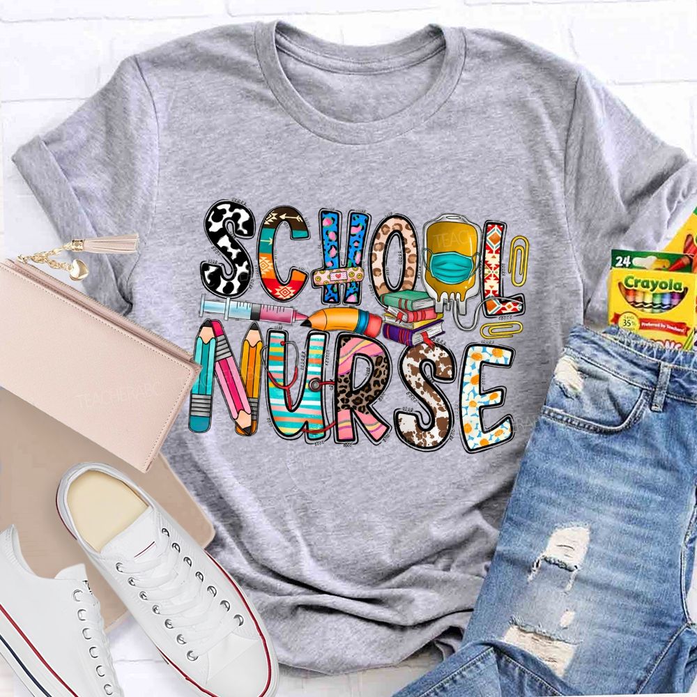 School Nurse Blue Leopard Pencil Flower Teacher T-Shirt