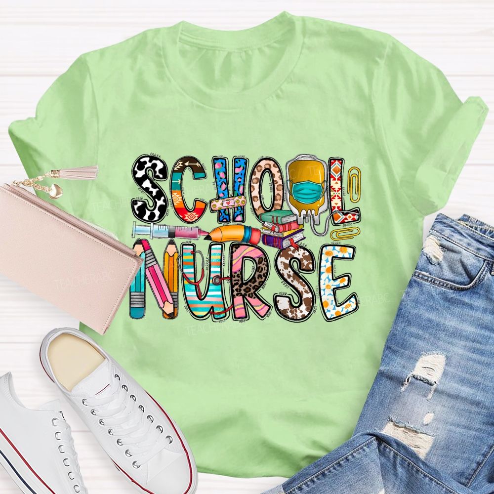 School Nurse Blue Leopard Pencil Flower Teacher T-Shirt