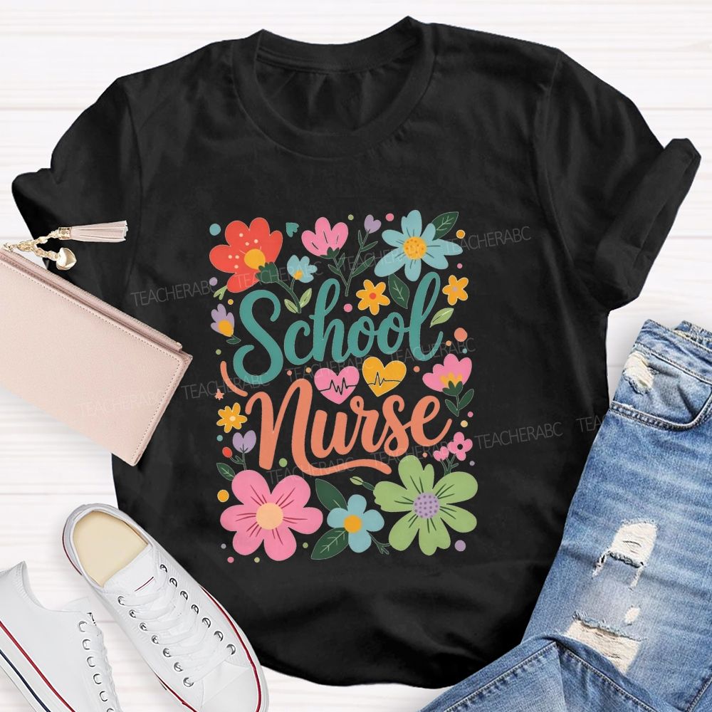 School Nurse With Hearts And Flowers T-shirt