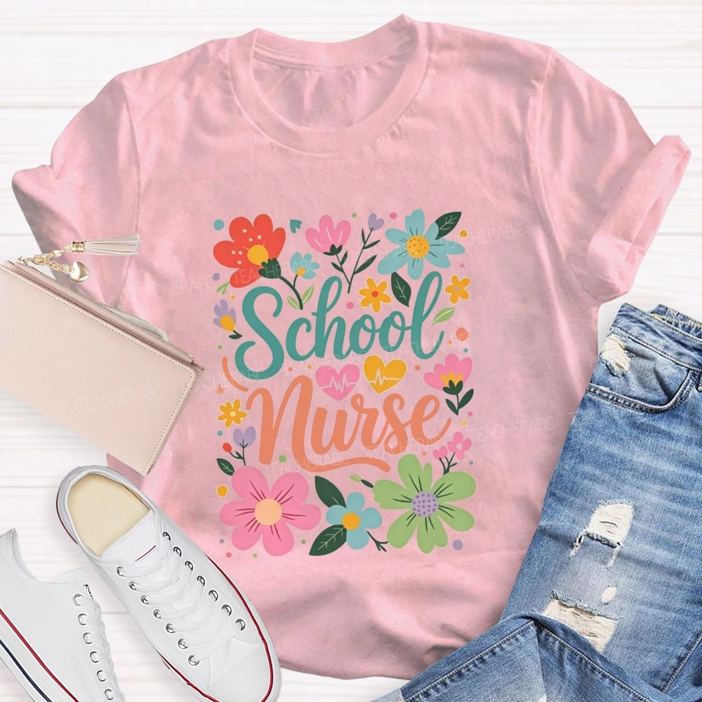 School Nurse With Hearts And Flowers T-shirt
