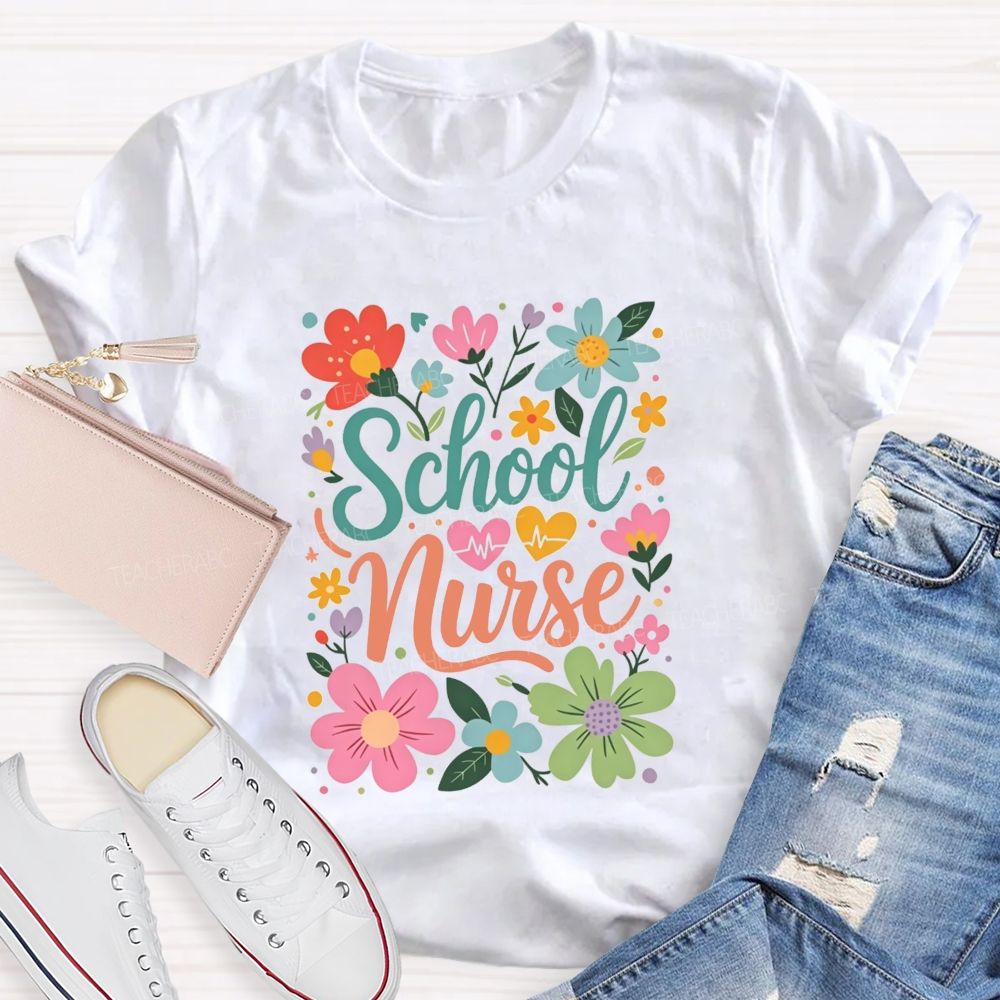 School Nurse With Hearts And Flowers T-shirt
