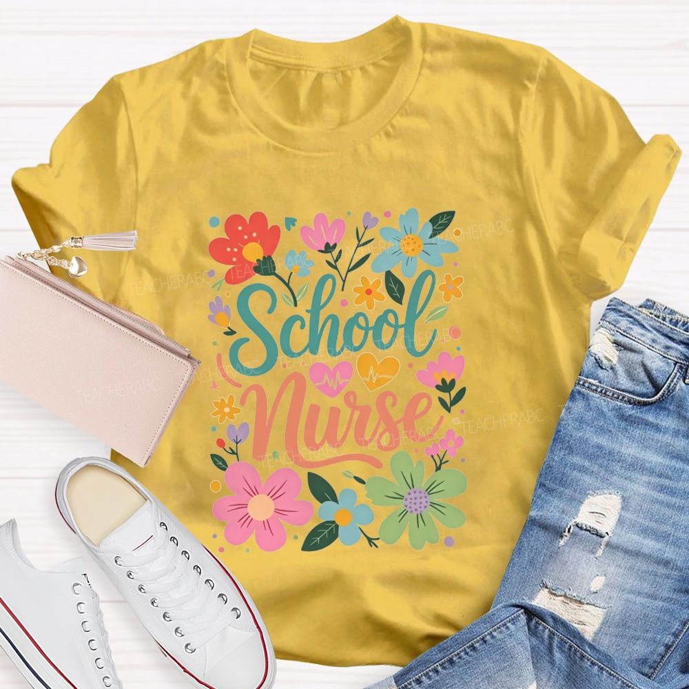 School Nurse With Hearts And Flowers T-shirt