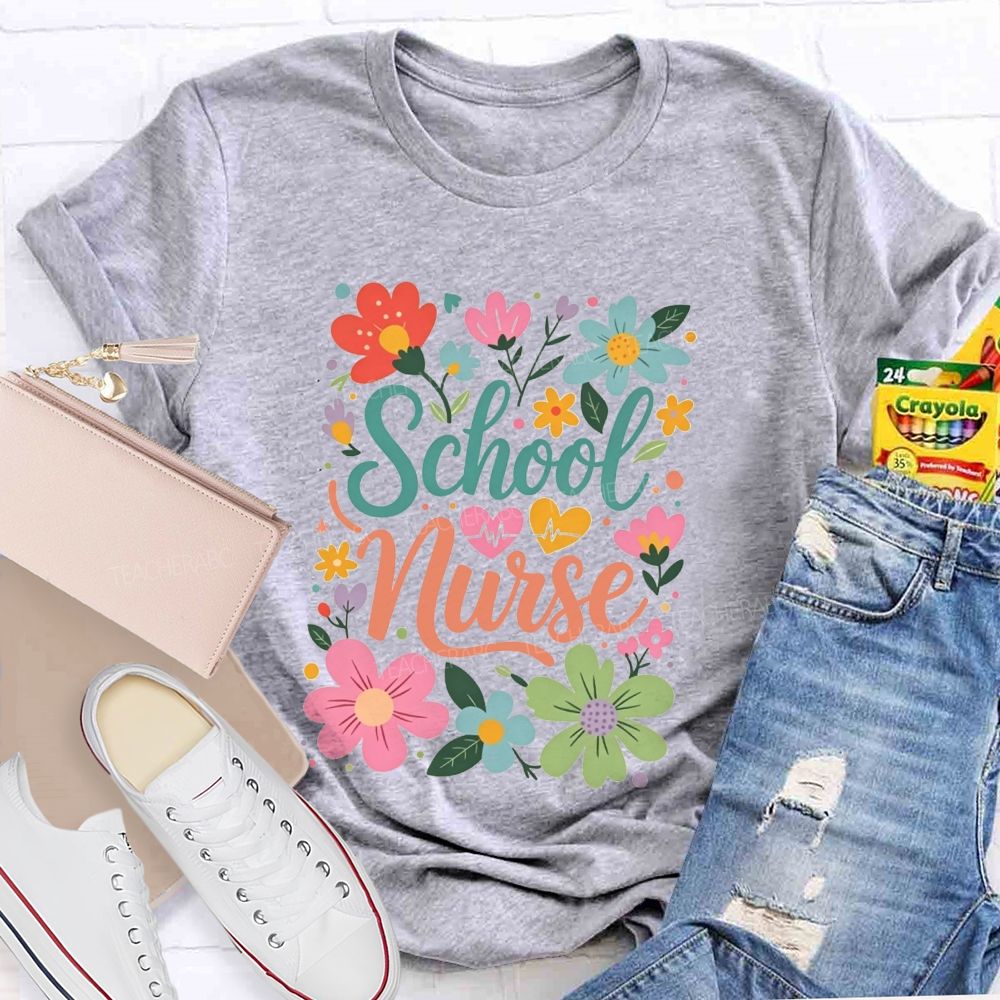 School Nurse With Hearts And Flowers T-shirt