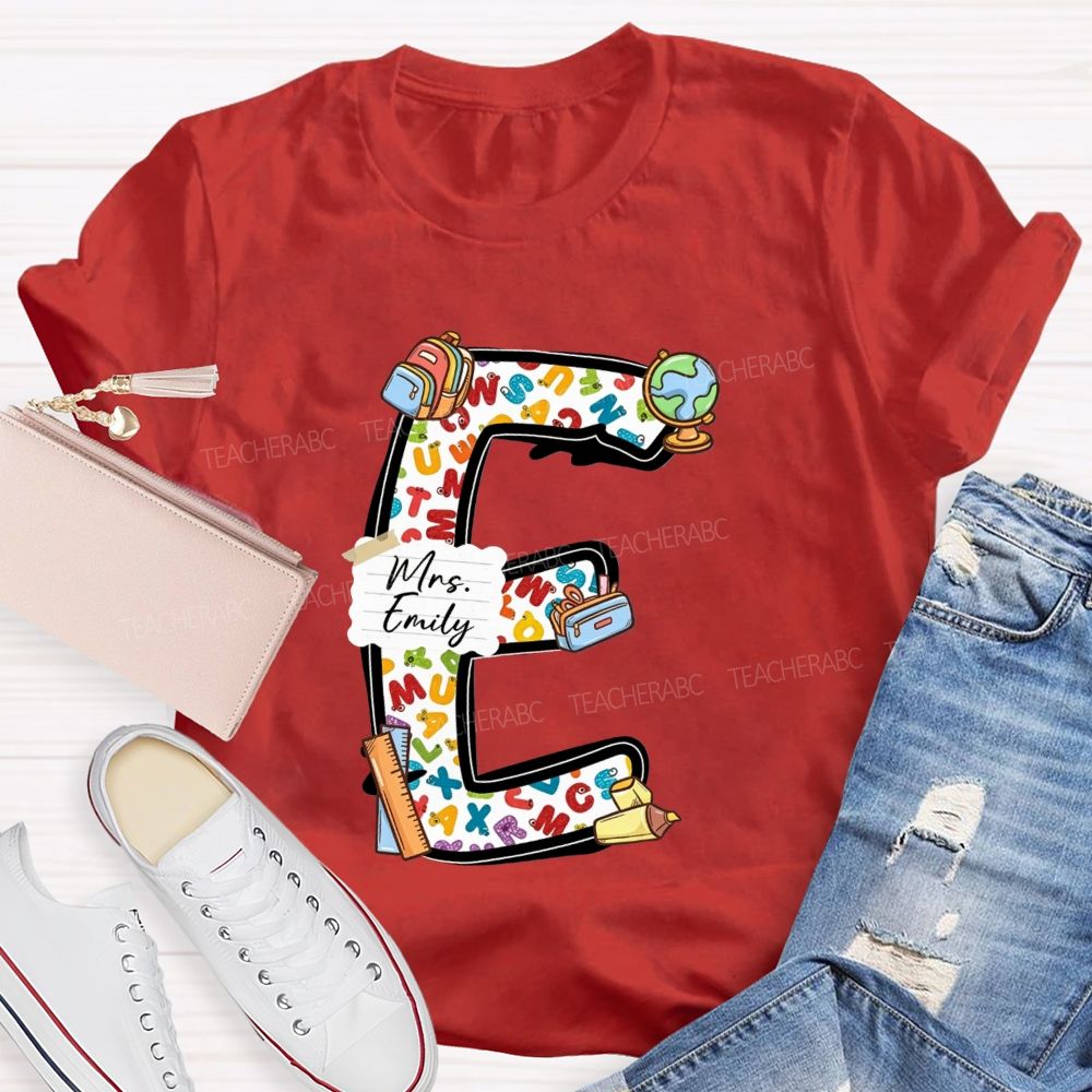 Personalized Name Teacher Initial Letter E School Backpack Globe Ruler Teacher T-shirt