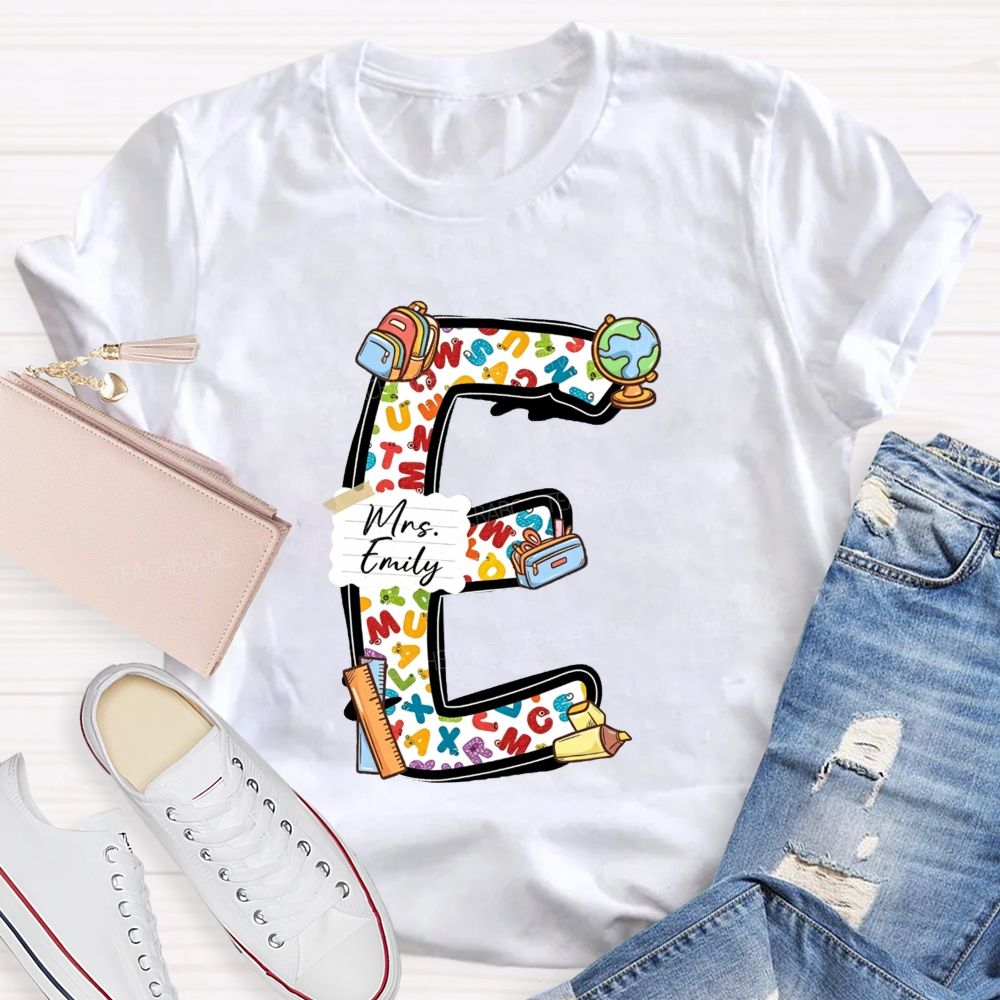 Personalized Name Teacher Initial Letter E School Backpack Globe Ruler Teacher T-shirt