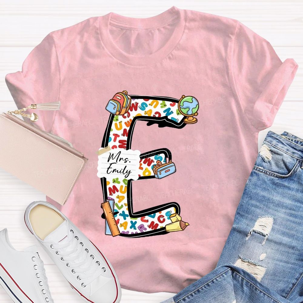 Personalized Name Teacher Initial Letter E School Backpack Globe Ruler Teacher T-shirt