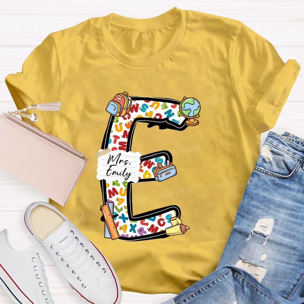 Personalized Name Teacher Initial Letter E School Backpack Globe Ruler Teacher T-shirt