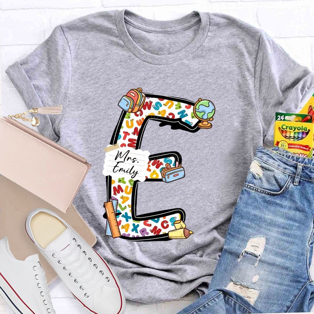 Personalized Name Teacher Initial Letter E School Backpack Globe Ruler Teacher T-shirt