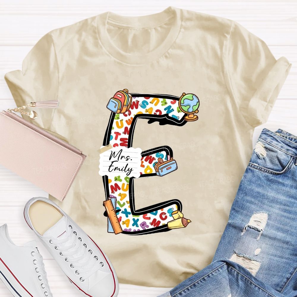 Personalized Name Teacher Initial Letter E School Backpack Globe Ruler Teacher T-shirt