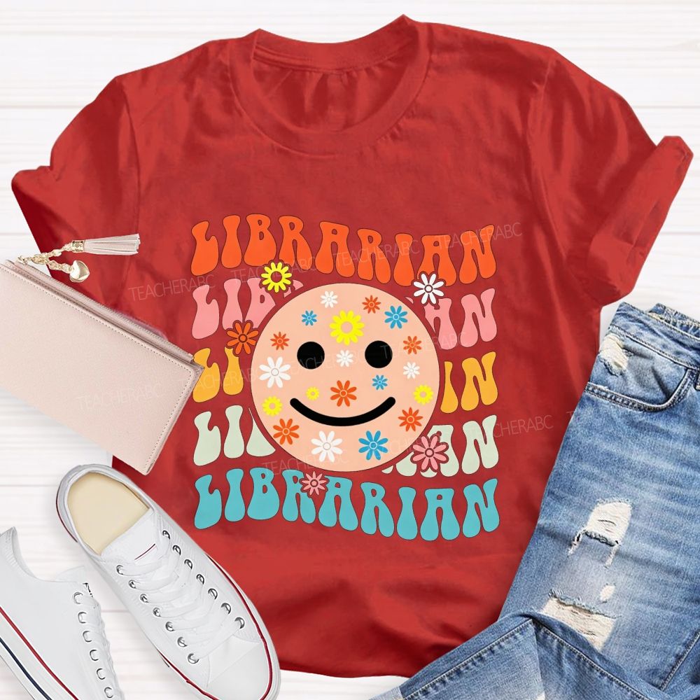 Librarian Floral Smiley Face Book Lover Teacher T-shirt