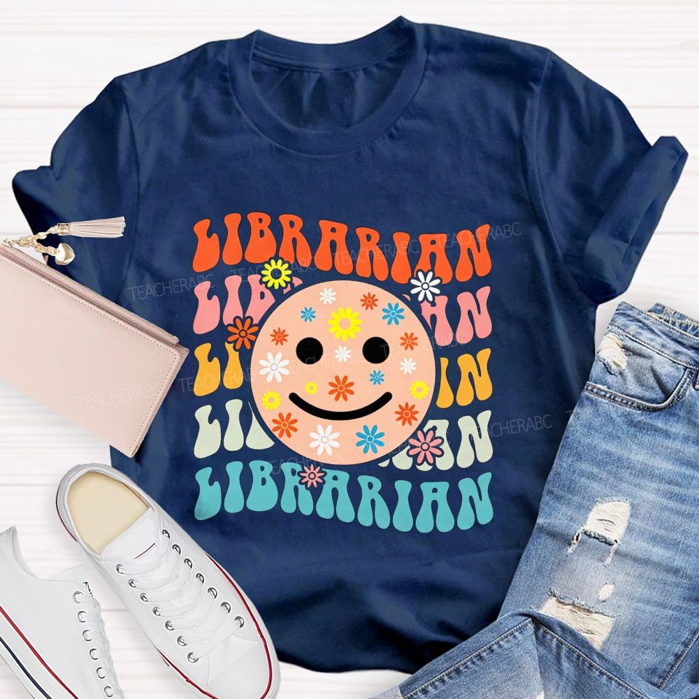 Librarian Floral Smiley Face Book Lover Teacher T-shirt