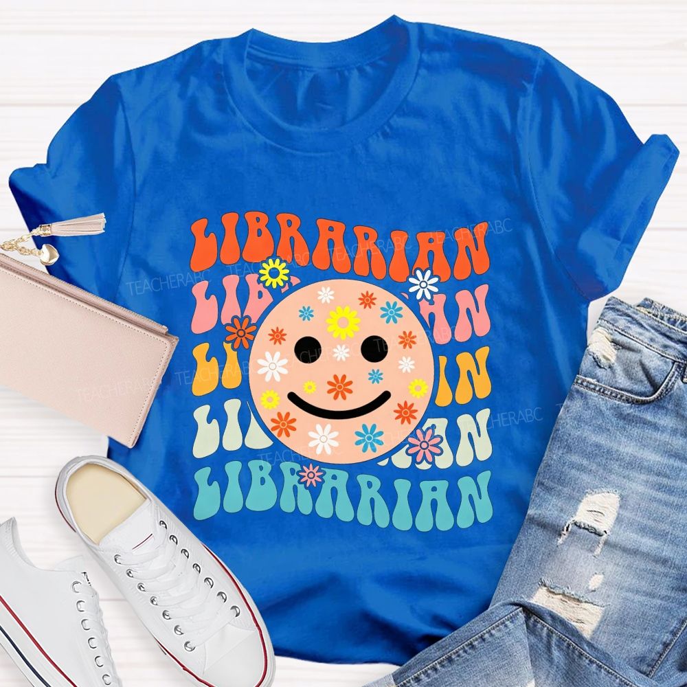 Librarian Floral Smiley Face Book Lover Teacher T-shirt
