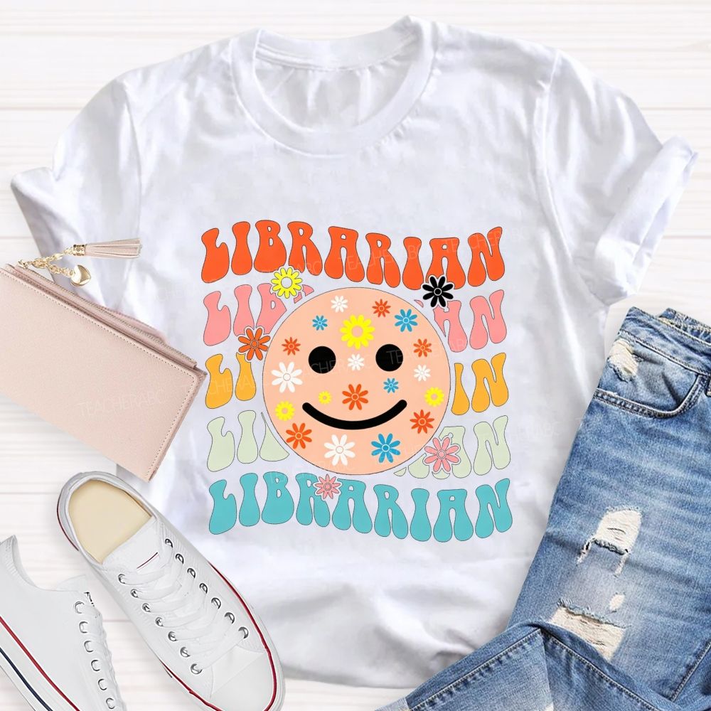 Librarian Floral Smiley Face Book Lover Teacher T-shirt