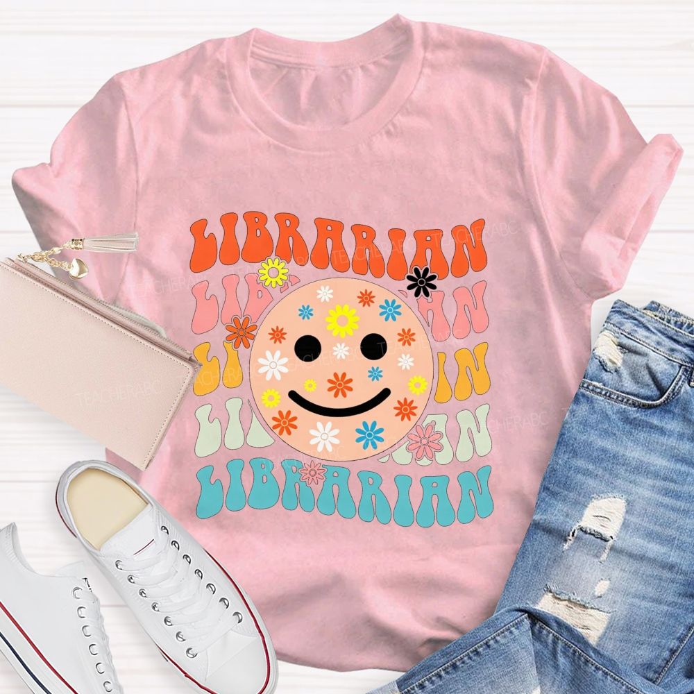 Librarian Floral Smiley Face Book Lover Teacher T-shirt