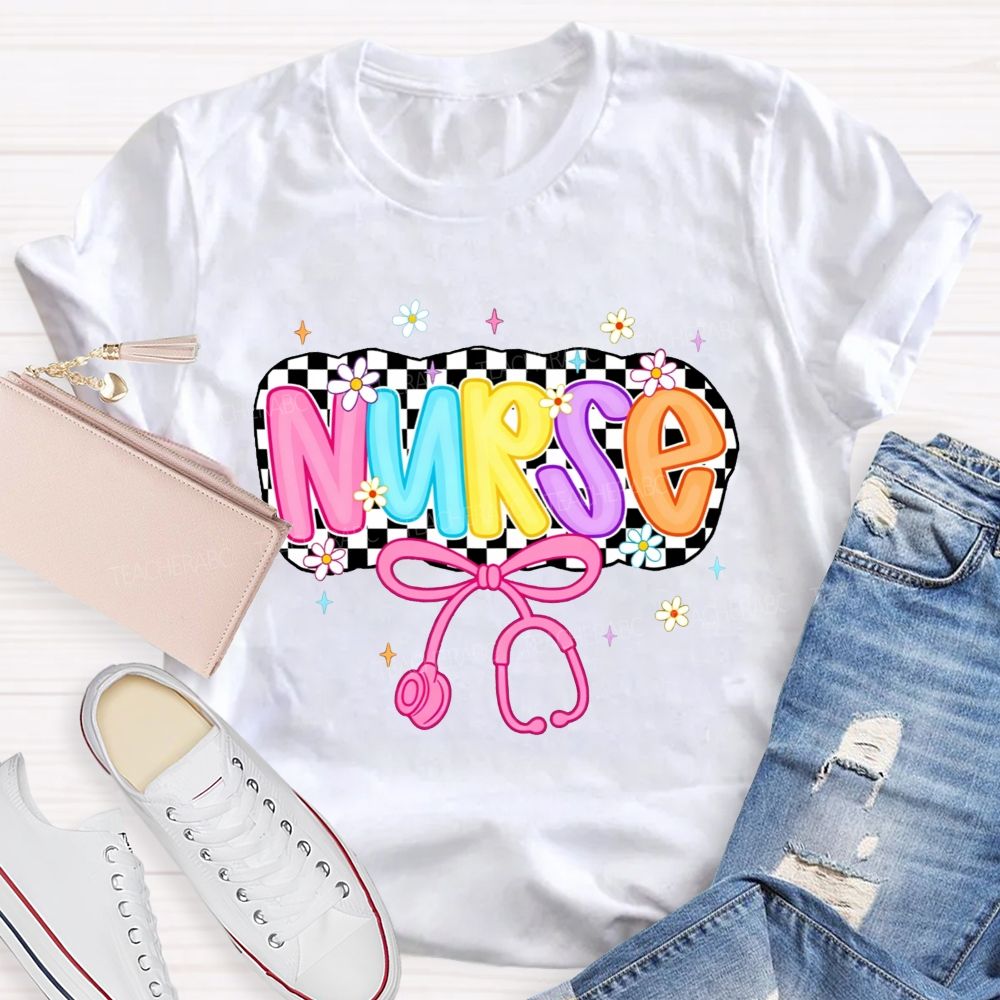 School Nurse Checkerboard Daisy Bow Stethoscope T-shirt