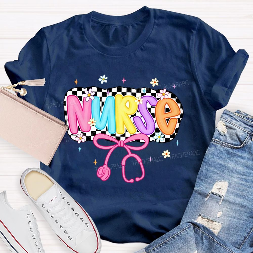 School Nurse Checkerboard Daisy Bow Stethoscope T-shirt