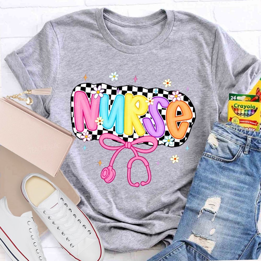School Nurse Checkerboard Daisy Bow Stethoscope T-shirt