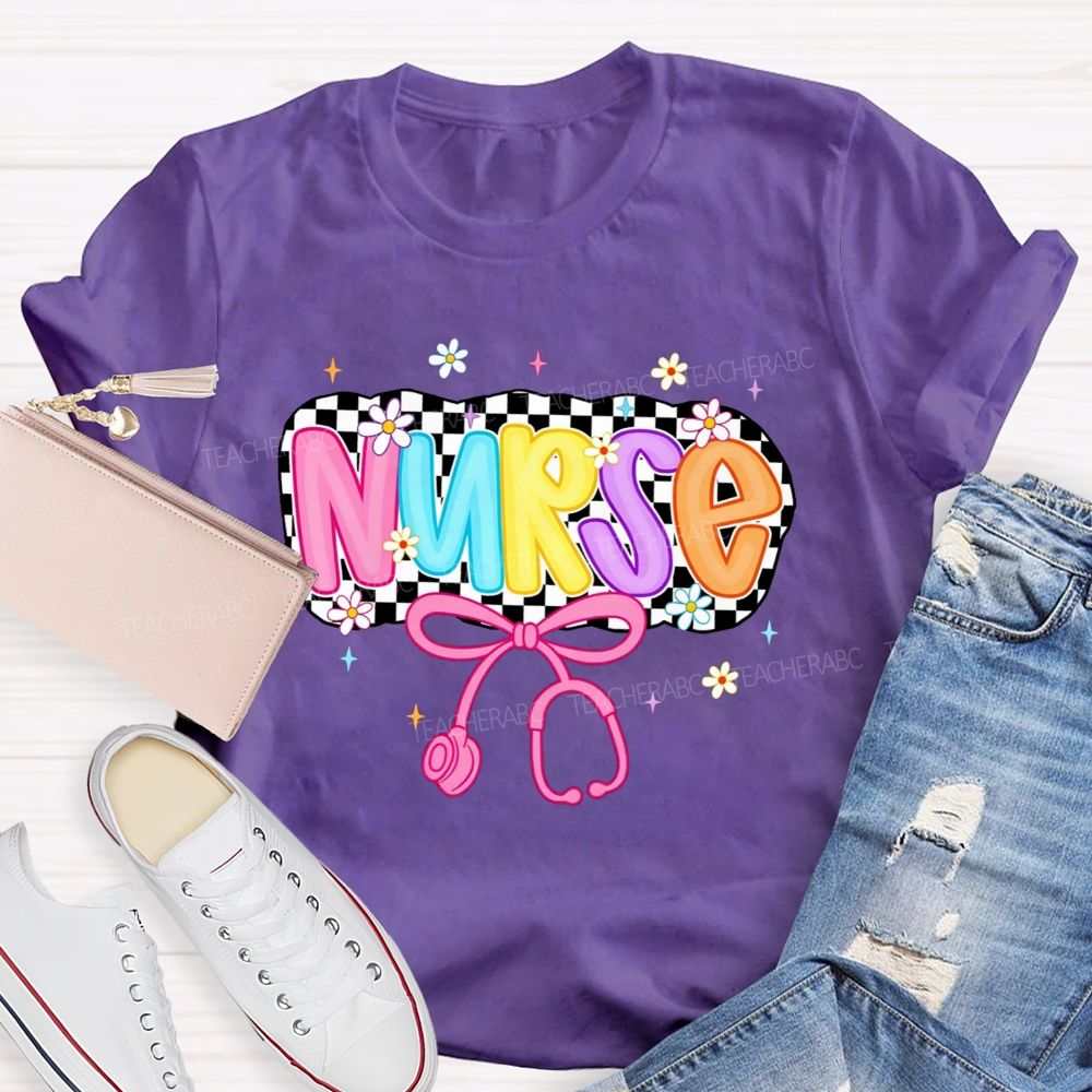 School Nurse Checkerboard Daisy Bow Stethoscope T-shirt