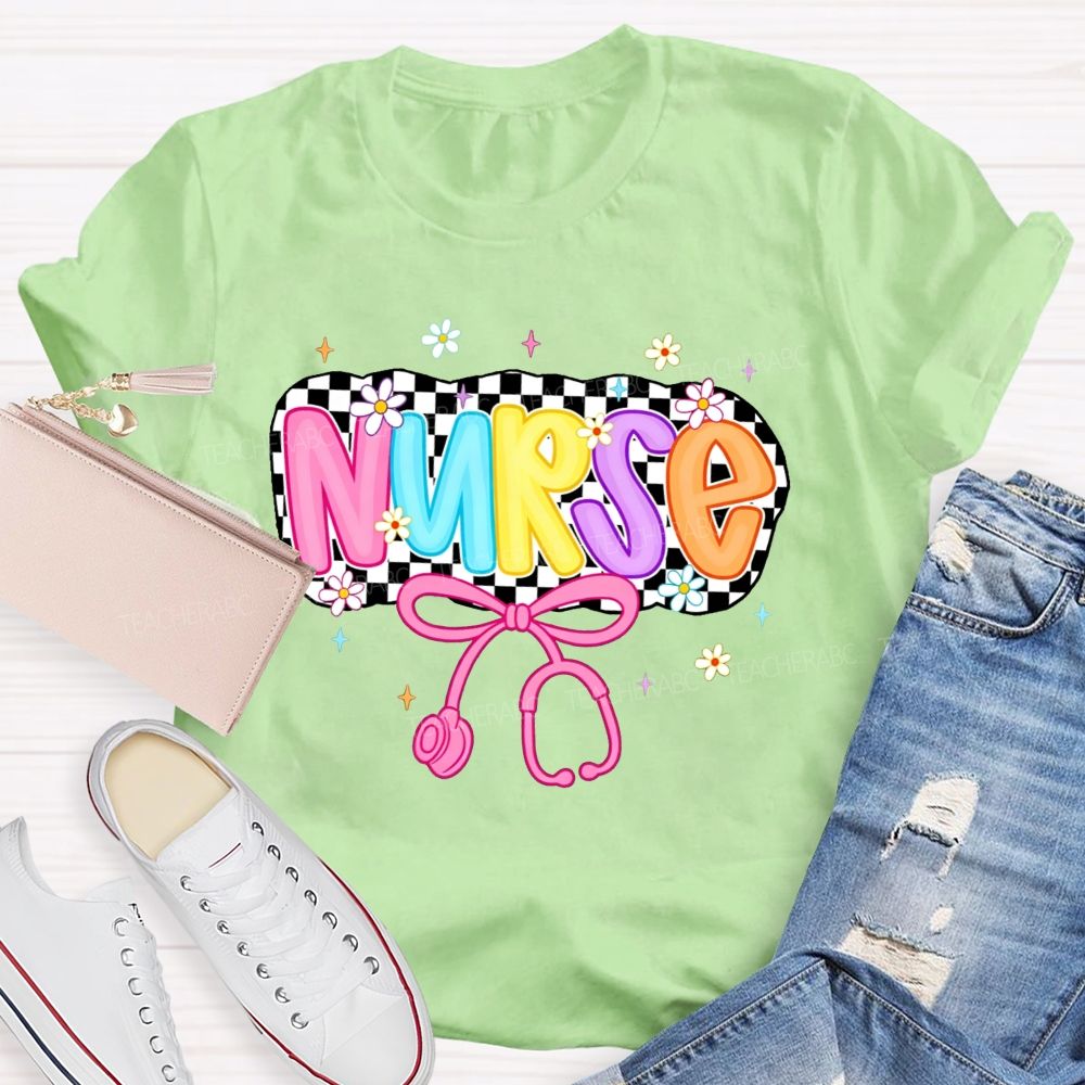 School Nurse Checkerboard Daisy Bow Stethoscope T-shirt