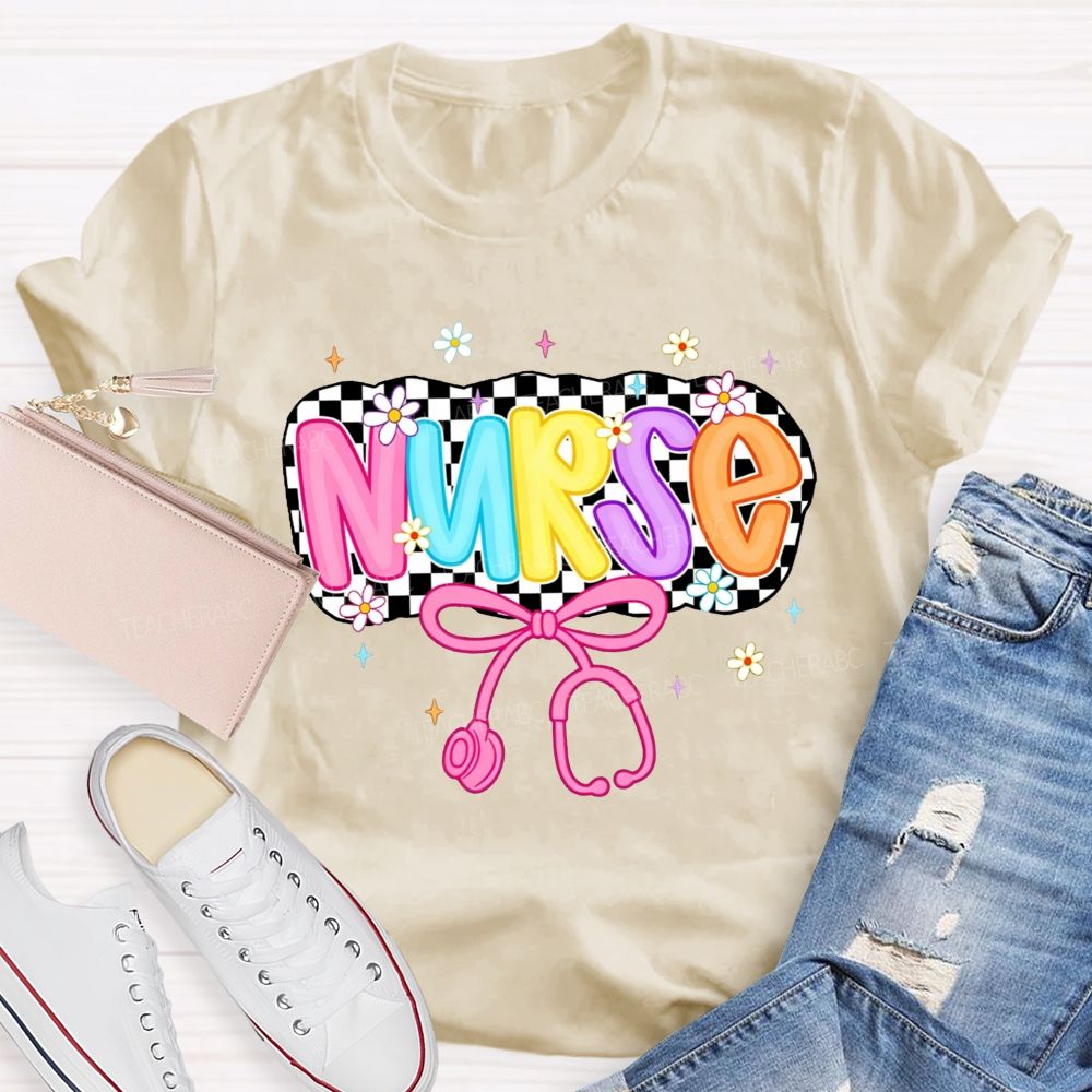 School Nurse Checkerboard Daisy Bow Stethoscope T-shirt