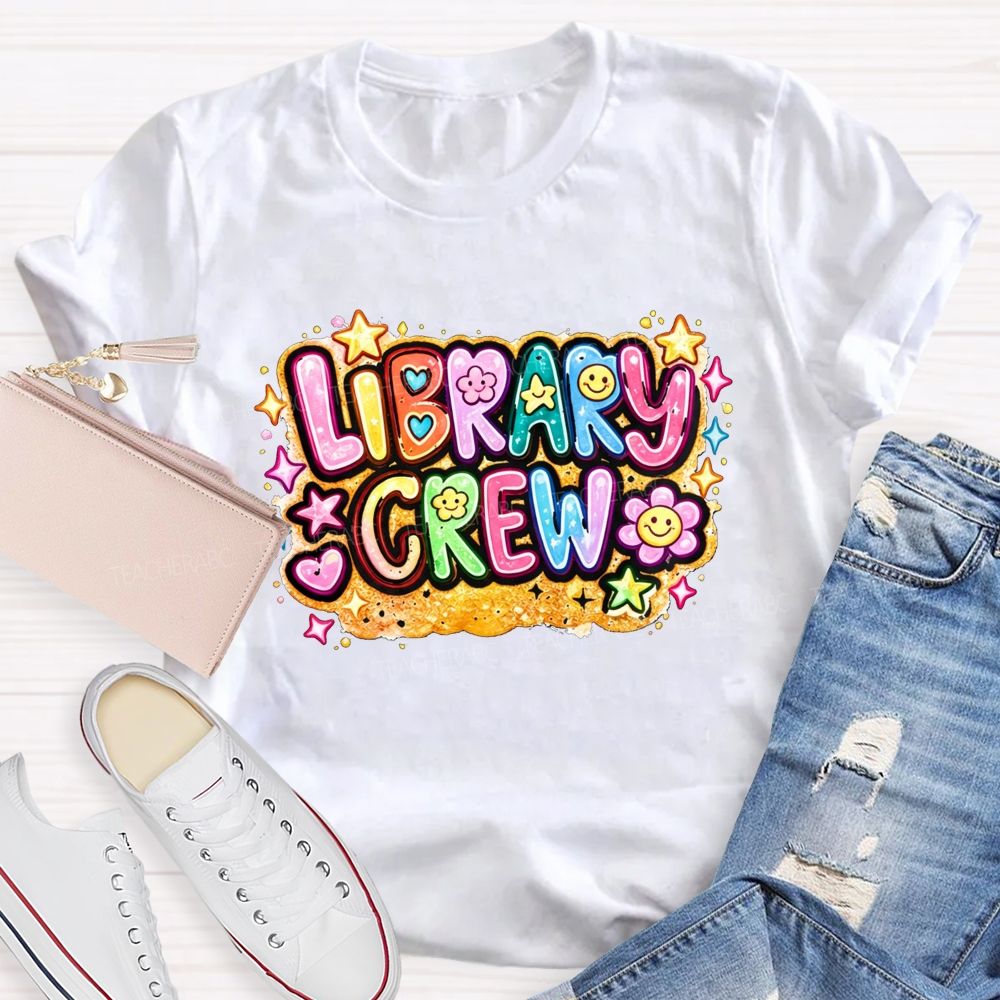 School Library Crew Colorful Daisy Star Librarian T-shirt