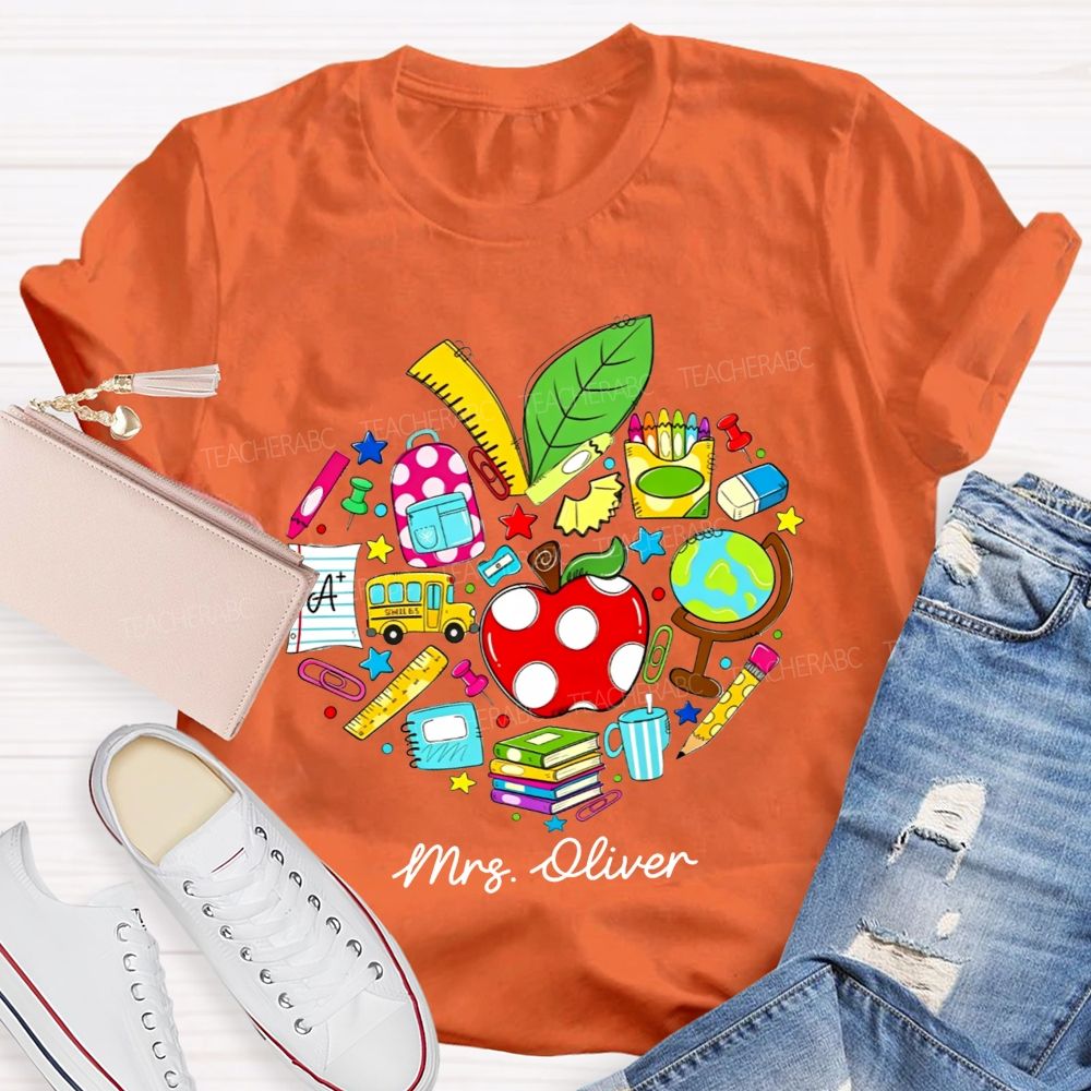 Personalized Name Teacher Heart School Supplies Apple Bus Teacher T-shirt