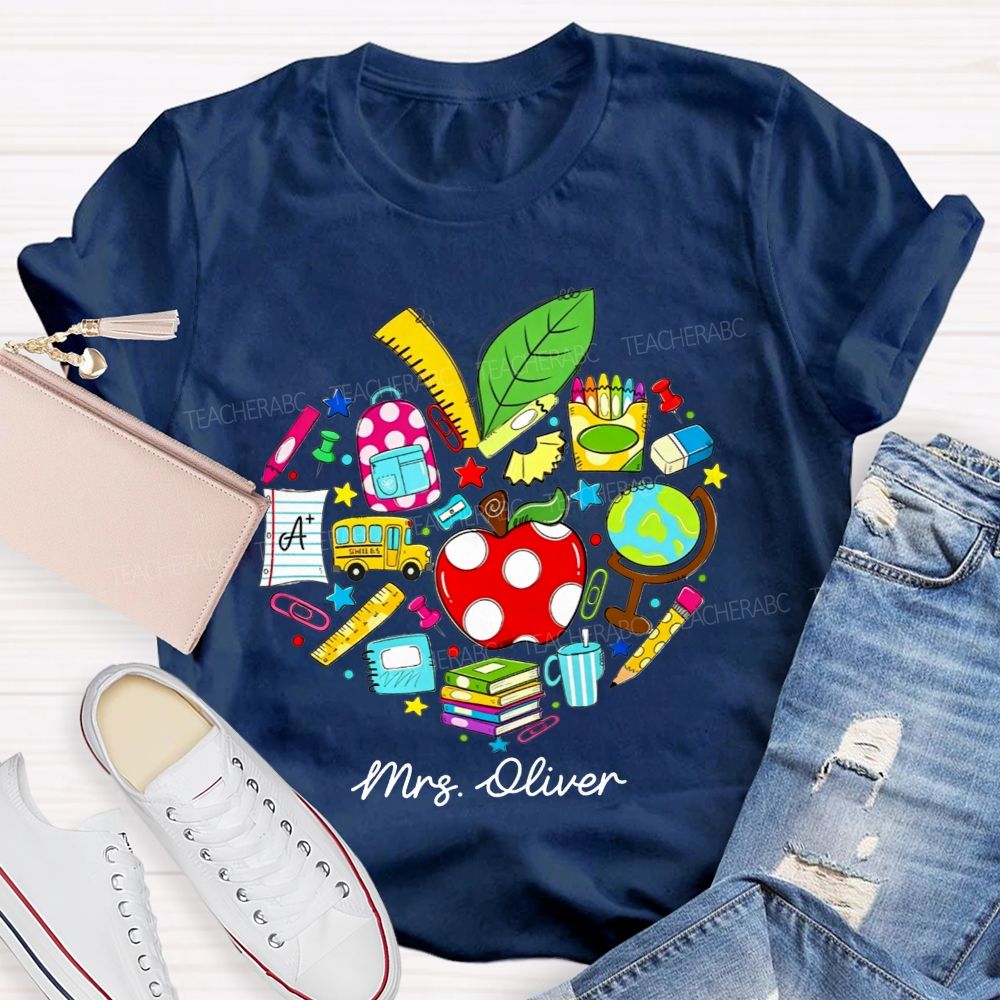 Personalized Name Teacher Heart School Supplies Apple Bus Teacher T-shirt