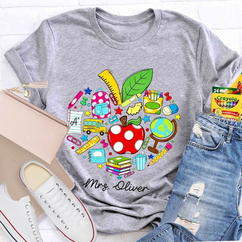 Personalized Name Teacher Heart School Supplies Apple Bus Teacher T-shirt