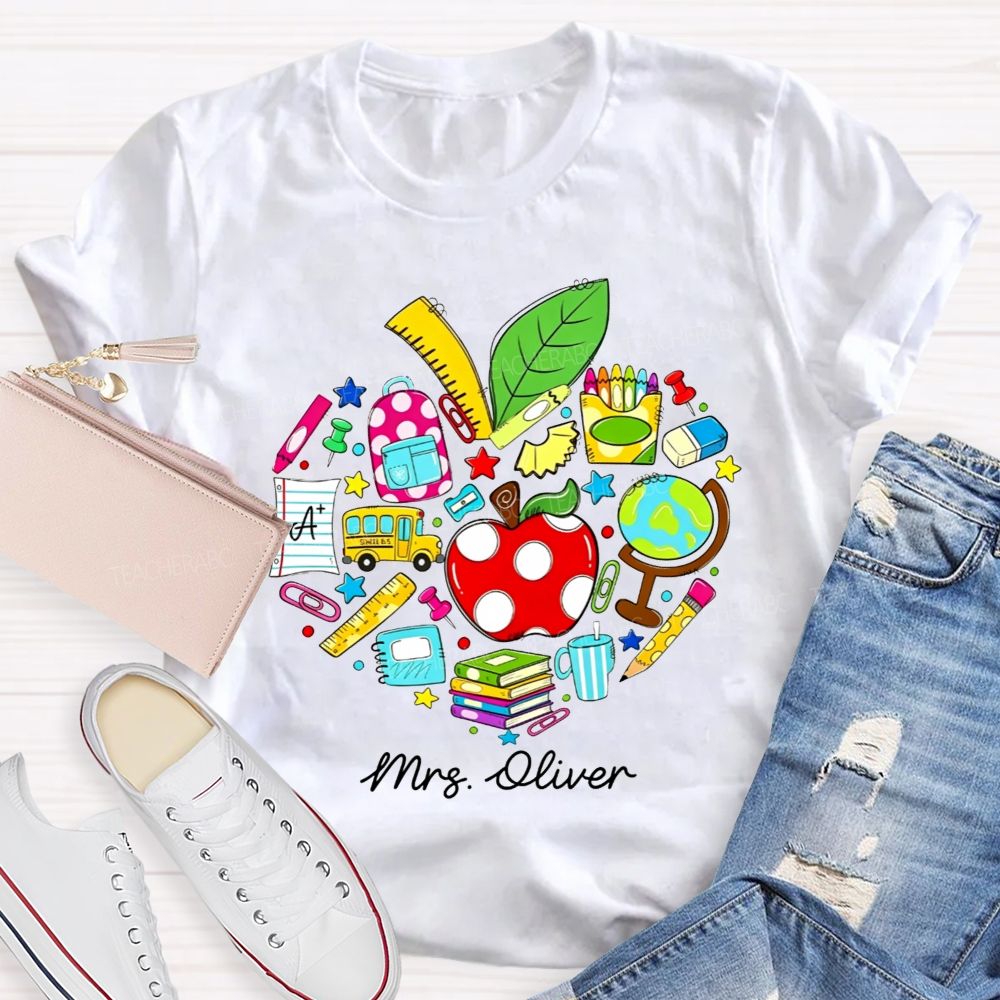 Personalized Name Teacher Heart School Supplies Apple Bus Teacher T-shirt