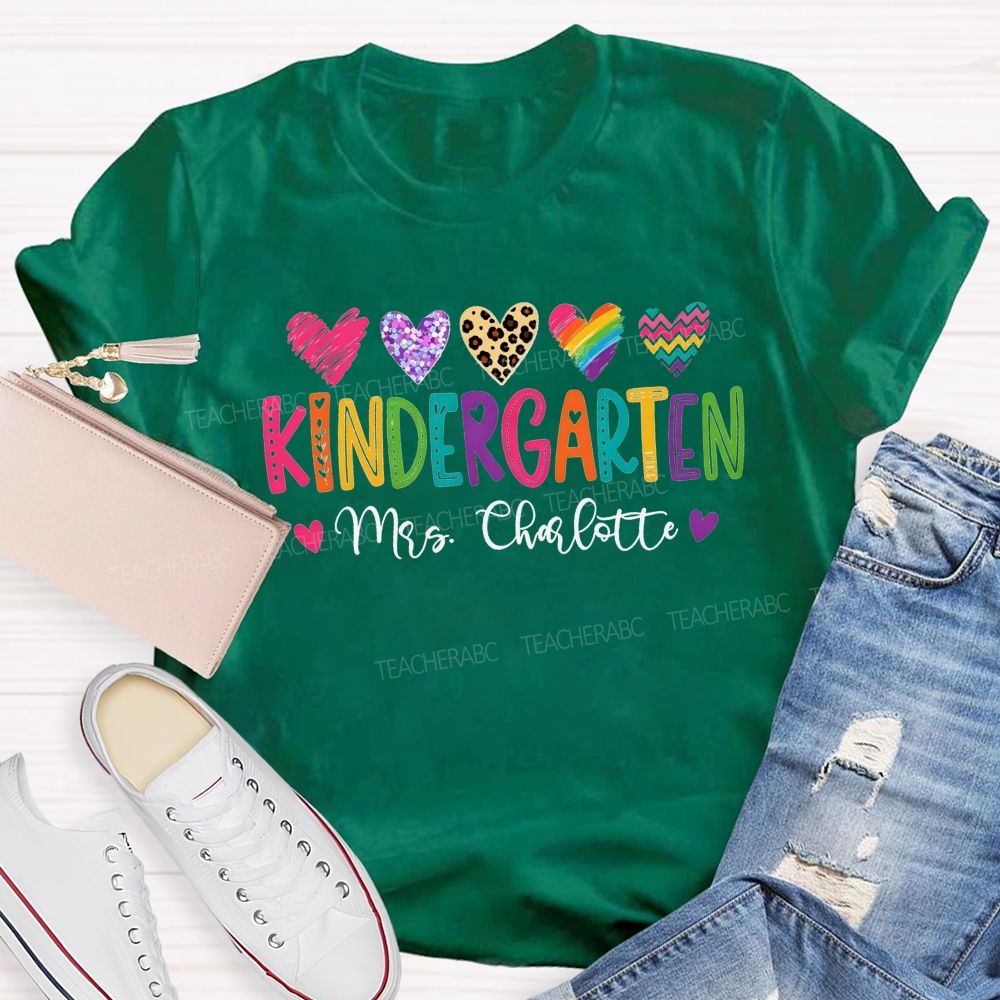 Personalized Name And Grade Kindergarten Leopard Glitter Hearts Teacher T-shirt