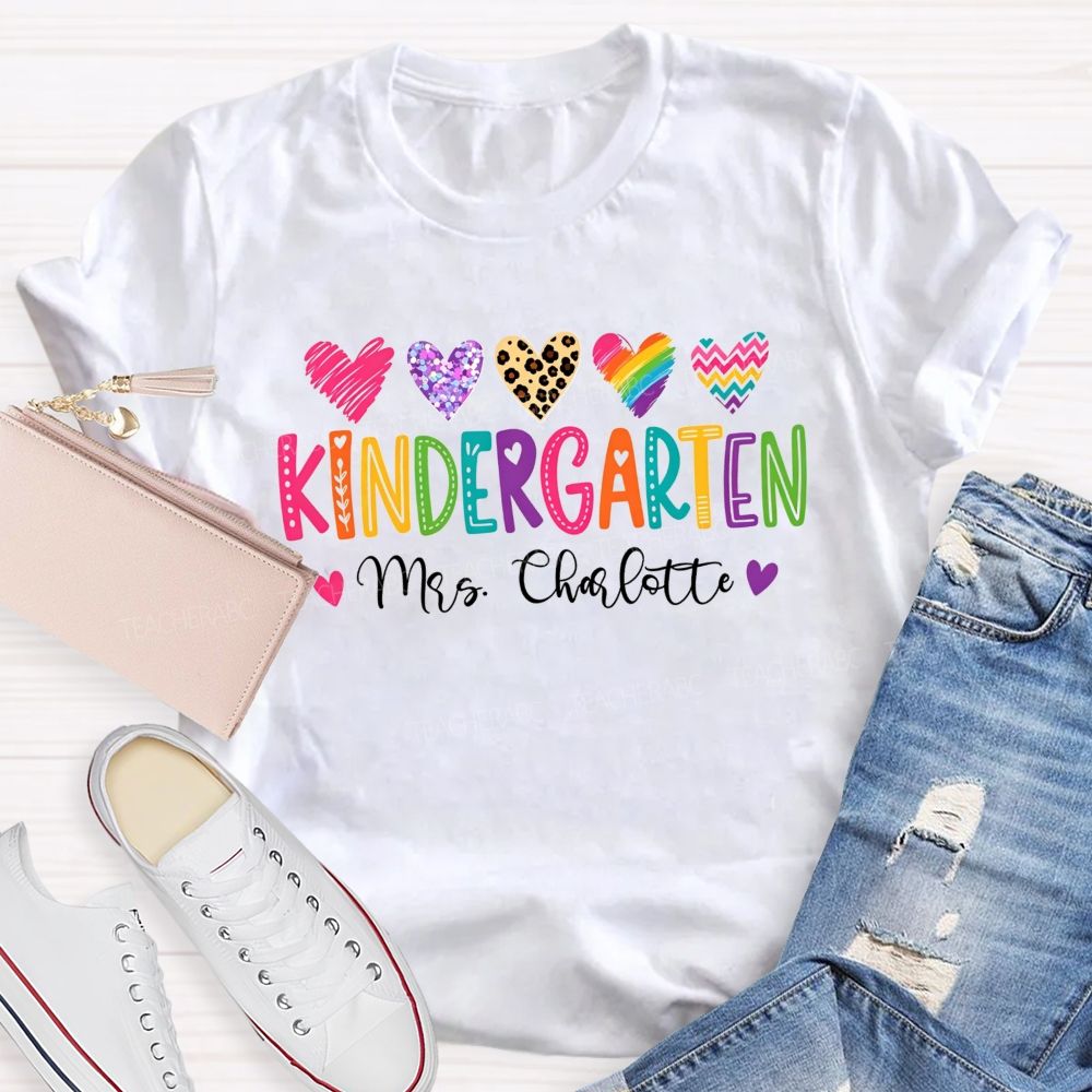 Personalized Name And Grade Kindergarten Leopard Glitter Hearts Teacher T-shirt