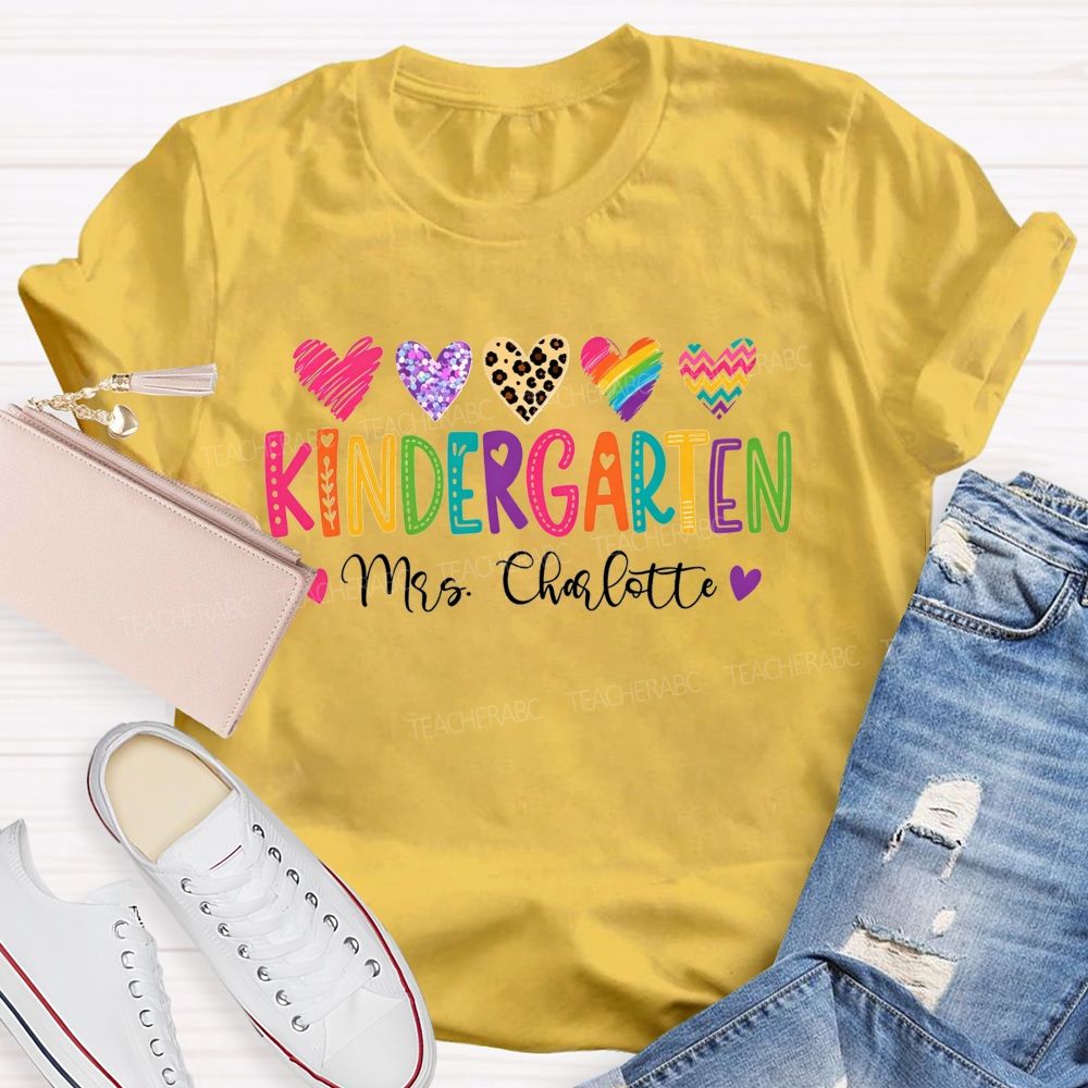 Personalized Name And Grade Kindergarten Leopard Glitter Hearts Teacher T-shirt