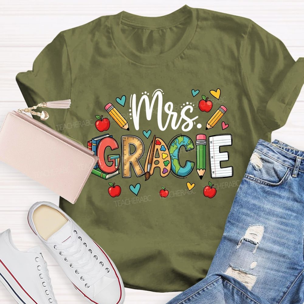 Personalized Name Doodle Letters Pencil Apple Book Globe Teacher T-shirt