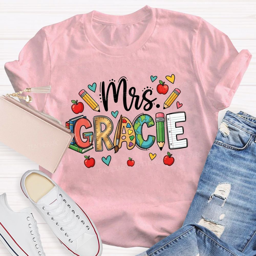 Personalized Name Doodle Letters Pencil Apple Book Globe Teacher T-shirt