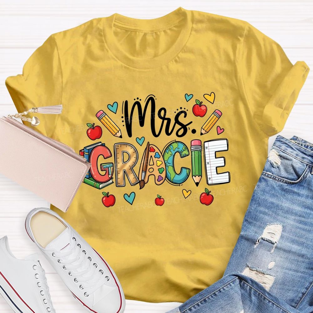 Personalized Name Doodle Letters Pencil Apple Book Globe Teacher T-shirt